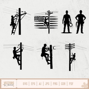 May include: A collection of black silhouette vector graphics depicting electrical linemen working on power lines. The images show linemen climbing poles, working on equipment, and standing with tools. The bottom of the image includes text: "VECTORS by Sarmad" and file type options.