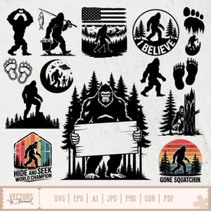 May include: A collection of black and white Bigfoot-themed vector graphics. Designs include Bigfoot silhouettes, footprints, and text such as "I Believe", "Hide and Seek World Champion", and "Gone Squatchin". The graphics are suitable for various creative projects.