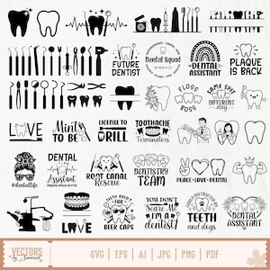 May include: A selection of black and white dental-themed graphics, including teeth, dental tools, and text. The designs feature phrases like "Future Dentist," "Dental Assistant," and "Teeth and Dogs." Suitable for dental professionals and enthusiasts.