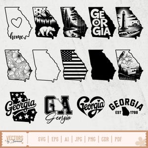 May include: A selection of black and white vector graphics showcasing the state of Georgia. The designs include the state outline with a heart, a bear, a forest scene, the state name, a lighthouse, floral patterns, and the Georgia state flag.