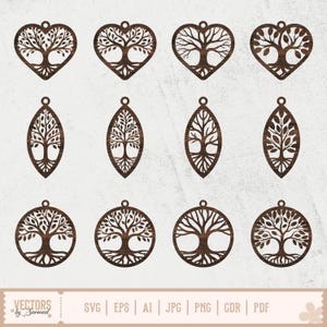 May include: A collection of laser-cut wooden pendants in various shapes, including hearts, teardrops, and circles. Each pendant features a detailed tree of life design. The pendants are a warm brown color and have a small hole for hanging.