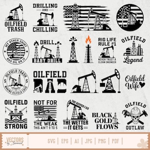 May include: A collection of black and white oilfield-themed graphics. Designs include oil derricks, text like "Oilfield Trash," "Drilling and Chilling," and phrases related to the oil industry. The designs are suitable for apparel or stickers.