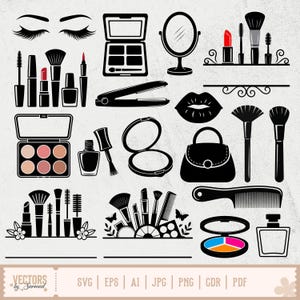 May include: Black and white vector illustration of various makeup items, including eyelashes, eyeshadow palettes, lipsticks, brushes, a mirror, a hair straightener, a purse, and a perfume bottle. The image also includes text that says "VECTORS by Sarmad".
