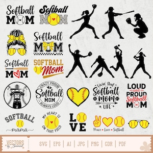 Op de afbeelding: Een verzameling softbal-thema graphics in zwart, geel en wit. Ontwerpen omvatten de woorden "Softball Mom", silhouetten van spelers en softbal-gerelateerde iconen. Geschikt voor kleding of knutselwerk.