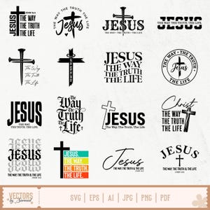 May include: A collection of sixteen black and white graphic designs featuring the word Jesus and the phrase The Way The Truth The Life, incorporating cross symbols, nails, and various typography styles, with one design including colourful horizontal bars.