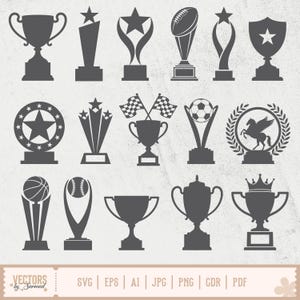 以下が含まれることがあります： さまざまなデザインのトロフィーのシルエットのコレクション。クラシックなカップ、星付きの賞、ラグビーのトロフィー、星付きの盾など。バスケットボール、野球、サッカー、市松模様の旗が付いたトロフィーも含まれています。