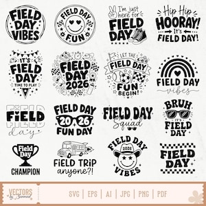 Può includere: Una collezione di grafiche in bianco e nero con testo a tema "Field Day". I disegni includono frasi come "Field Day Vibes", "Fun", "Time to Play" e "Field Trip". I disegni presentano stelle, faccine sorridenti e attrezzature sportive.
