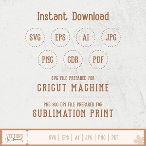 以下が含まれることがあります： Instant Download、SVG、EPS、AI、JPG、PNG、CDR、PDF、SVG FILE PREPARED FOR CRICUT MACHINE、PNG 300 DPI FILE PREPARED FOR SUBLIMATION PRINTという文字が、明るい質感の背景に茶色の文字で書かれたデジタルファイルセット。