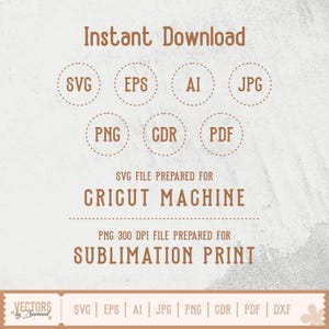 Op de afbeelding: Een digitaal ontwerp met de tekst "Instant Download" bovenaan. Het bevat pictogrammen voor bestandstypen: SVG, EPS, AI, JPG, PNG, CDR en PDF. De tekst "SVG-bestand voorbereid voor Cricut Machine" en "PNG 300 DPI-bestand voorbereid voor sublimatieprint" zijn ook opgenomen.