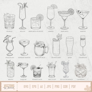 Può includere: Illustrazione a tratto di vari cocktail, tra cui Negroni, Bellini e Margarita. Ogni bevanda è rappresentata nel suo bicchiere, guarnita con frutta ed erbe. Sono inclusi anche i nomi dei cocktail.