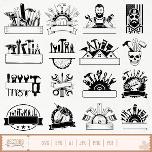 Puede incluir: Una colección de ilustraciones vectoriales en blanco y negro que presentan diversas herramientas, como martillos, llaves, sierras y taladros. Cada diseño incluye una pancarta para texto, adecuado para logotipos o marcas relacionadas con la construcción, reparación o servicios de manitas.