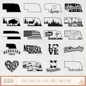 May include: A collection of black and white Nebraska-themed vector graphics. Designs include the state outline, text, and imagery such as a heart, deer, and a windmill. The designs are suitable for various craft projects.