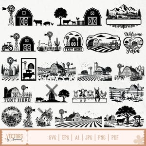 May include: A collection of black and white vector illustrations featuring farm scenes, barns, windmills, tractors, and various livestock including cows, pigs, sheep, and chickens. The designs include rural landscapes, circular emblems, and text placeholders.