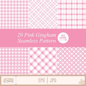 May include: A collection of pink and white gingham patterns in various designs, including classic checks, diagonal lines, and star and heart motifs. The image features the text "20 Pink Gingham Seamless Pattern" and "See More".
