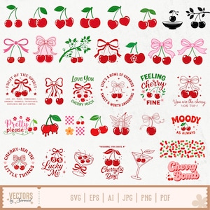 May include: A digital collection of cherry-themed graphic illustrations featuring various red cherry pairs, bows, floral accents, and text phrases like 'Cherry Bomb', 'Feeling Cherry Fine', and 'Love You Cherry Much' in multiple styles.