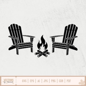 May include: Black silhouette of two Adirondack chairs facing each other with a campfire in between. The image has a rustic, outdoorsy theme. The bottom of the image contains the text "VECTORS by Sarmad" and file type options.