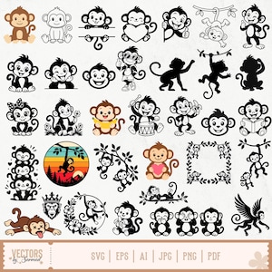 Monkey SVG Bundle, Baby Monkey Svg, Silly Monkey Svg, Cute Monkey Svg, Peeking Monkey Svg, Hanging Monkeys Svg, Happy Kawaii Monkey Clipart