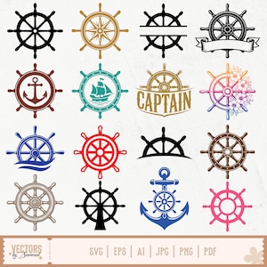 May include: A collection of nautical-themed vector graphics featuring various ship's wheel designs in black, brown, gold, blue, red, and pink. Some designs include anchors, a ship, and floral accents. The bottom of the image displays text: "VECTORS by Sarmad" and file type options.