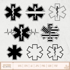 Puede incluir: Una colección de símbolos de estrella de la vida de los servicios médicos de emergencia (EMS) en blanco y negro. Los diseños incluyen el símbolo del caduceo, una línea de latido cardíaco y un patrón de bandera estadounidense. La parte inferior de la imagen muestra opciones de tipo de archivo.
