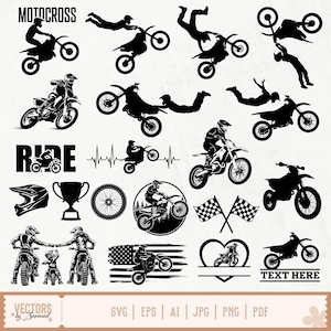 Puede incluir: Gráficos vectoriales en blanco y negro con temática de motocross. La imagen incluye siluetas de pilotos en motocicletas realizando acrobacias, junto con un casco, un trofeo, una rueda, banderas a cuadros y el texto "MOTOCROSS", "RIDE" y "TEXT HERE".