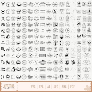 May include: A digital collection of black and white zodiac-themed graphic designs arranged in a grid. Each row represents one of the twelve astrological signs, featuring symbols, constellations, floral motifs, and text like Queen and Energy.