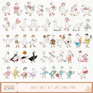 May include: A collection of white goose illustrations featuring various outfits and accessories, including hats, bows, costumes, and sports gear. The set includes diverse characters like a chef, doctor, and surfer, with text at the bottom reading VECTORS by Sarmad SVG EPS AI JPG PNG PDF.