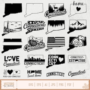 Może przedstawiać: Kolekcja czarno-białych grafik wektorowych o tematyce Connecticut. Projekty obejmują kontur stanu, tekst, jelenia, latarnię morską, orła, flagę, góry i tekst "Connecticut".