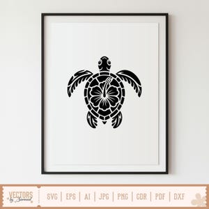May include: Black and white framed art print featuring a stylized sea turtle design. The turtle's shell incorporates a hibiscus flower. The artwork is framed in a black frame and is displayed on a white wall.