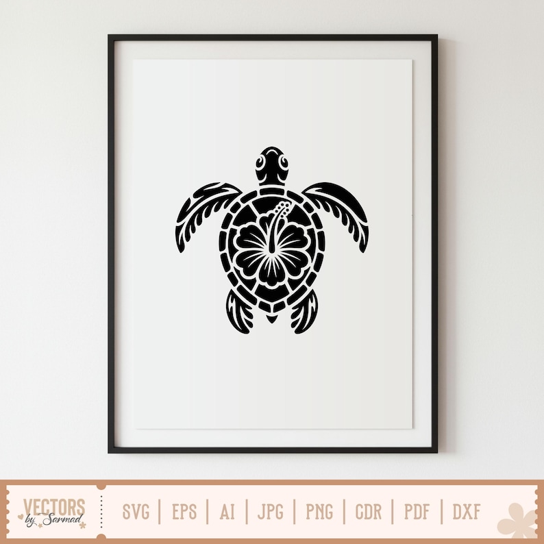 May include: Black and white framed art print featuring a stylized sea turtle design. The turtle's shell incorporates a hibiscus flower. The artwork is framed in a black frame and is displayed on a white wall.