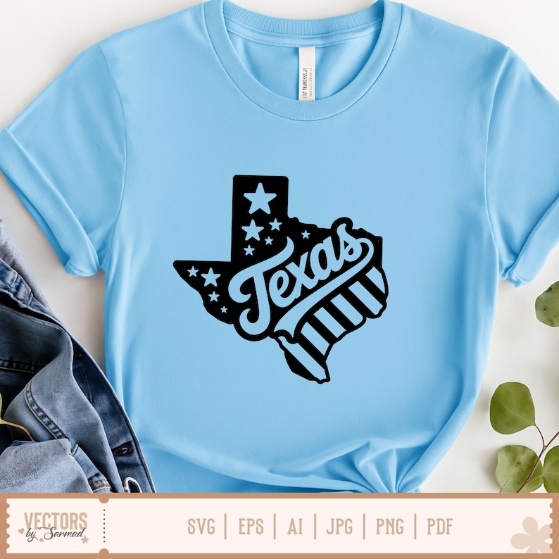 May include: Light blue t-shirt featuring a black graphic of the state of Texas with stars and the word "Texas" in a stylized font. The shirt is made of a soft material and has short sleeves. The bottom of the image shows the text "VECTORS by Sarmad" and file type abbreviations.