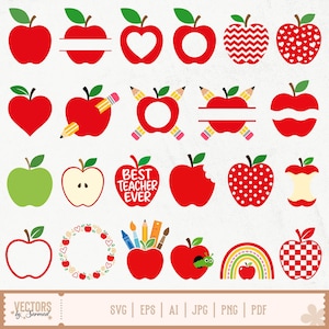 May include: A collection of twenty-four digital apple illustrations featuring various designs including solid red and green apples, apples with patterns, apples with pencils, a bitten apple, a core, and an apple with the text BEST TEACHER EVER.