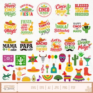May include: A collection of colorful Cinco de Mayo themed graphics. Includes sombreros, cacti, and text like "Happy Cinco de Mayo" and "Fiesta". Also features a guitar, maracas, and a skull.