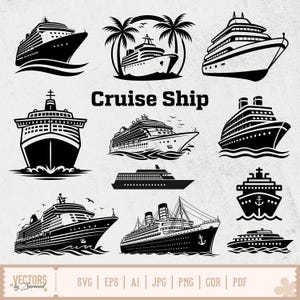 Pode incluir: Uma coleção de ilustrações a preto e branco de navios de cruzeiro em vários estilos. Os desenhos incluem navios com vários conveses, alguns com palmeiras e pássaros, e o texto "Cruise Ship". Formatos: SVG, EPS, AI, JPG, PNG, CDR e PDF.