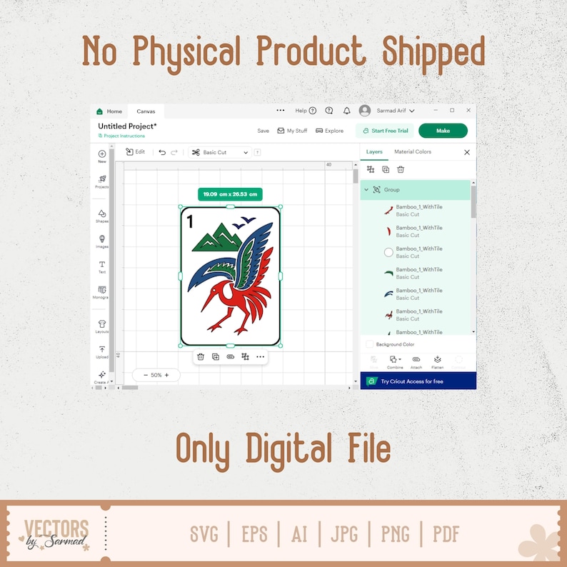 May include: Digital design file featuring a playing card illustration with a red bird, blue wings, and green mountains. The design is displayed on a computer screen with the text "No Physical Product Shipped" and "Only Digital File."