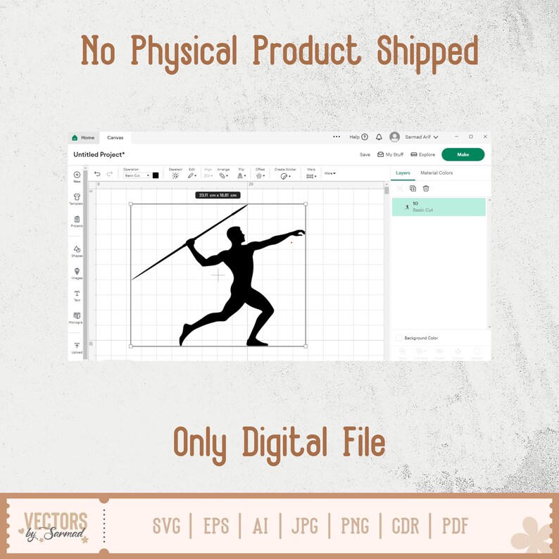 Puede incluir: Un archivo digital con una silueta negra de un lanzador de jabalina sobre un fondo de cuadr&iacute;cula, dentro de un programa de dise&ntilde;o. El texto dice "No Physical Product Shipped" y "Only Digital File". Formatos de archivo: SVG, EPS, AI, JPG, PNG, CDR y PDF.