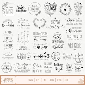 Peut inclure: Une collection de motifs graphiques numériques en noir et blanc présentant diverses phrases en allemand, des couronnes florales, des cœurs et des éléments décoratifs. Le texte inclut des expressions comme Danke, Lieblingsmensch et Glücksmomente.