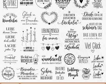 Puede incluir: Una colección de diseños gráficos digitales en blanco y negro que presentan varias frases en alemán, coronas florales, corazones y elementos decorativos. El texto incluye expresiones como Danke, Lieblingsmensch y Glücksmomente en una cuadrícula.