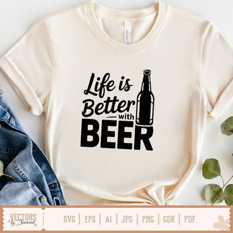 May include: Cream-colored t-shirt with the phrase "Life is Better with BEER" in black lettering. A black beer bottle graphic is to the right of the text. The shirt has short sleeves and a crew neck.
