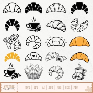 Op de afbeelding: Een verzameling croissant illustraties in verschillende stijlen, waaronder effen zwart, omrand en met een cartoon karakter. Sommige croissants zijn gecombineerd met koffiekopjes. De afbeelding bevat ook de tekst "VECTORS by Sarmad" en bestandstype opties.