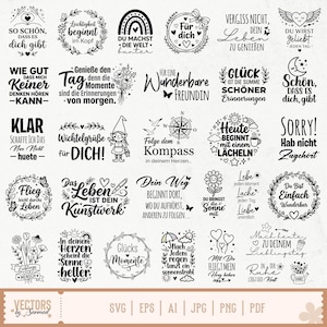 Könnte beinhalten: Eine Sammlung von dreißig schwarz-weißen digitalen Grafikdesigns mit verschiedenen deutschen Motivationssprüchen, Blumenkränzen, himmlischen Elementen und verspielten Illustrationen, die in einem Raster auf hellem Grund angeordnet sind.