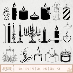 Puede incluir: Ilustraciones de velas en blanco y negro en varios estilos. Los diseños incluyen velas de pilar, velas cónicas, un candelabro y velas con elementos decorativos. La imagen también incluye el texto "VECTORS by Sarmad" y abreviaturas de tipos de archivo.
