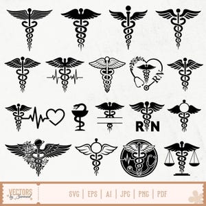 Può includere: Una collezione di venti illustrazioni vettoriali in bianco e nero con vari simboli di caduceo, icone mediche, serpenti, ali, stetoscopi, cuori e bilance. Il banner inferiore mostra il testo VECTORS by Sarmad SVG EPS AI JPG PNG PDF.