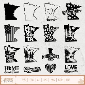 May include: A collection of black and white Minnesota-themed designs. The designs include the state outline, text, and illustrations such as a heart, stars, flowers, and a bear. The designs are suitable for various craft projects.