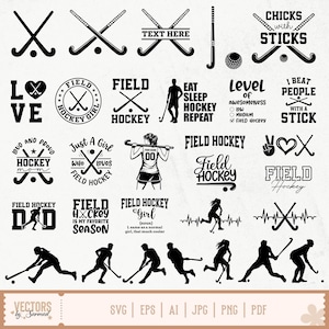 Puede incluir: Una colección de gráficos en blanco y negro con temática de hockey sobre hierba. Los diseños incluyen palos de hockey cruzados, bolas de hockey, texto como "Field Hockey Girl" y siluetas de jugadores. Adecuado para crear pegatinas, calcomanías o ropa.