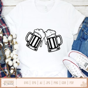 May include: White t-shirt featuring a black and white graphic of two beer mugs clinking together, with overflowing foam. The shirt is displayed with blue jeans and white sneakers. The text "VECTORS by Sarmad" is at the bottom.