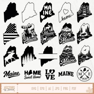 Peut inclure: Plusieurs graphiques vectoriels en noir et blanc représentant l'état du Maine. Les motifs incluent le mot "Maine", des élans, un phare et le texte "Home Sweet Home". Des options de type de fichier sont affichées en bas.