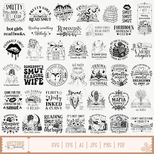 Può includere: Una collezione di quaranta disegni grafici in bianco e nero con varie illustrazioni a tema libro, elementi floreali, teschi e tipografia con frasi come Smutty Book Club, Romantasy Reader e Good Girls Read Dirty Books.