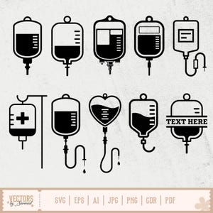 Puede incluir: Ilustraciones en blanco y negro de bolsas de goteo intravenoso. Los diseños incluyen bolsas con un signo más, bolsas en forma de corazón y bolsas con el texto "TEXT HERE". La imagen también incluye información sobre tipos de archivo.
