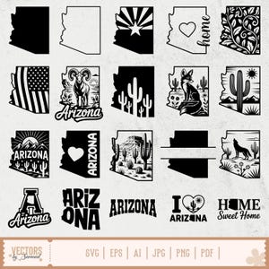 May include: A collection of black and white Arizona-themed vector graphics. Designs include the state outline, a heart, a fox, cacti, a ram, the Arizona flag, and text that says "Arizona" and "Home Sweet Home".