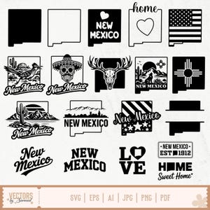May include: A collection of black and white vector graphics featuring the state of New Mexico. Designs include the state outline, text, and iconic imagery such as a roadrunner, a skull with a sombrero, and the state flag.